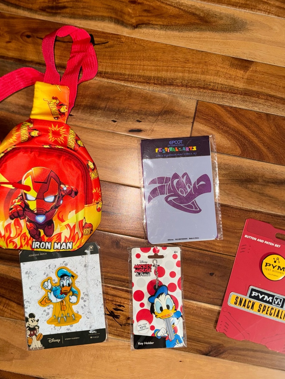 Disney lot- Iron Man Sling Bag, Donald key cover, Parks stencils and patch, pin